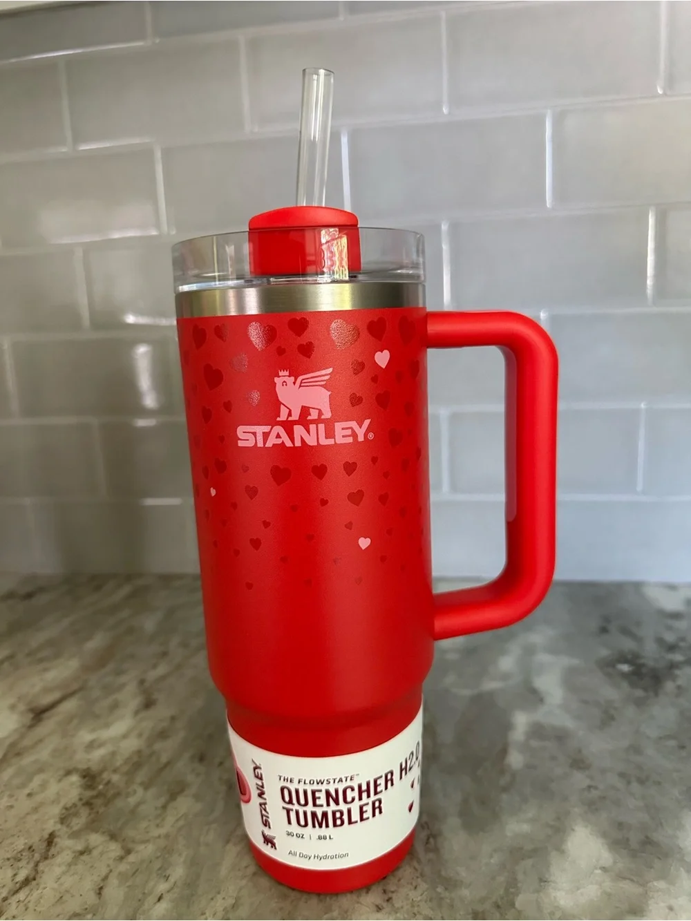 Stanley Red Quencher Tumbler with Handle and Clear Straw